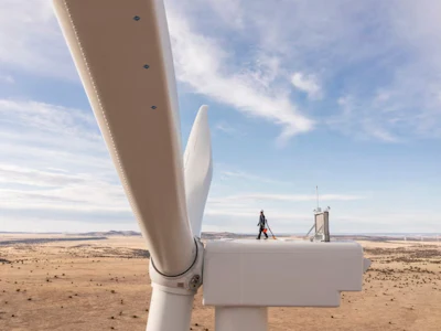 Close-up of white wind turbine blade with technician and control tower visible in arid landscape
