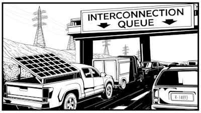 Black and white illustration of vehicles queuing at an interconnection point with solar panels and electrical transmission towers