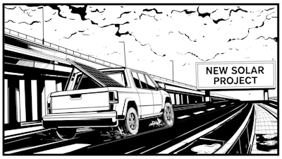 Black and white comic illustration of a pickup truck driving on a highway beneath an overpass with a 'New Solar Project' sign