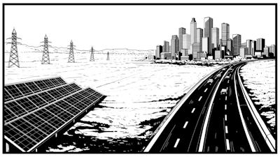 Black and white illustration showing renewable energy infrastructure with solar panels, power transmission lines, highway, and city skyline in the distance.