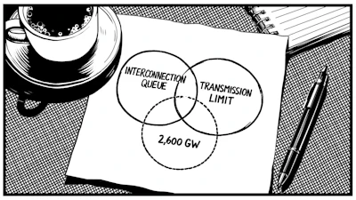 Venn diagram on paper showing overlapping circles labeled Interconnection Queue, Transmission Limit, and 2,600 GW capacity