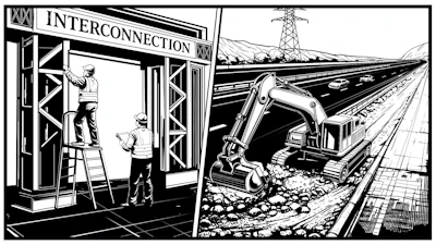 Black and white illustration of workers at an interconnection facility with excavator and industrial infrastructure