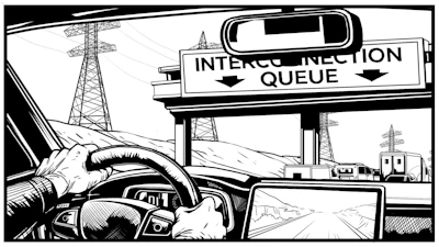Black and white comic-style illustration of a driver's view on a highway with an interchange queue sign and power lines overhead.