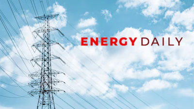 Energy Daily logo text overlaid on high-voltage transmission tower against blue sky with clouds