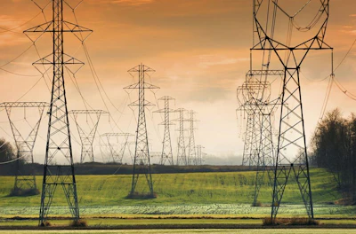 High-voltage transmission towers stretching across a green field under golden sunset sky
