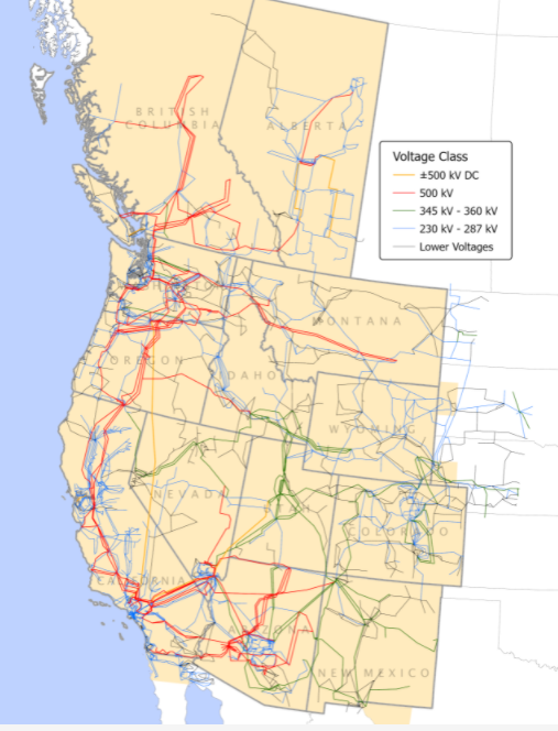 Western United States electrical transmission network map showing power grid infrastructure by voltage class from 500 kV to lower voltages.