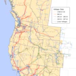 Western United States electrical transmission network map showing power grid infrastructure by voltage class from 500 kV to lower voltages.