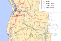 Western United States electrical transmission network map showing power grid infrastructure by voltage class from 500 kV to lower voltages.