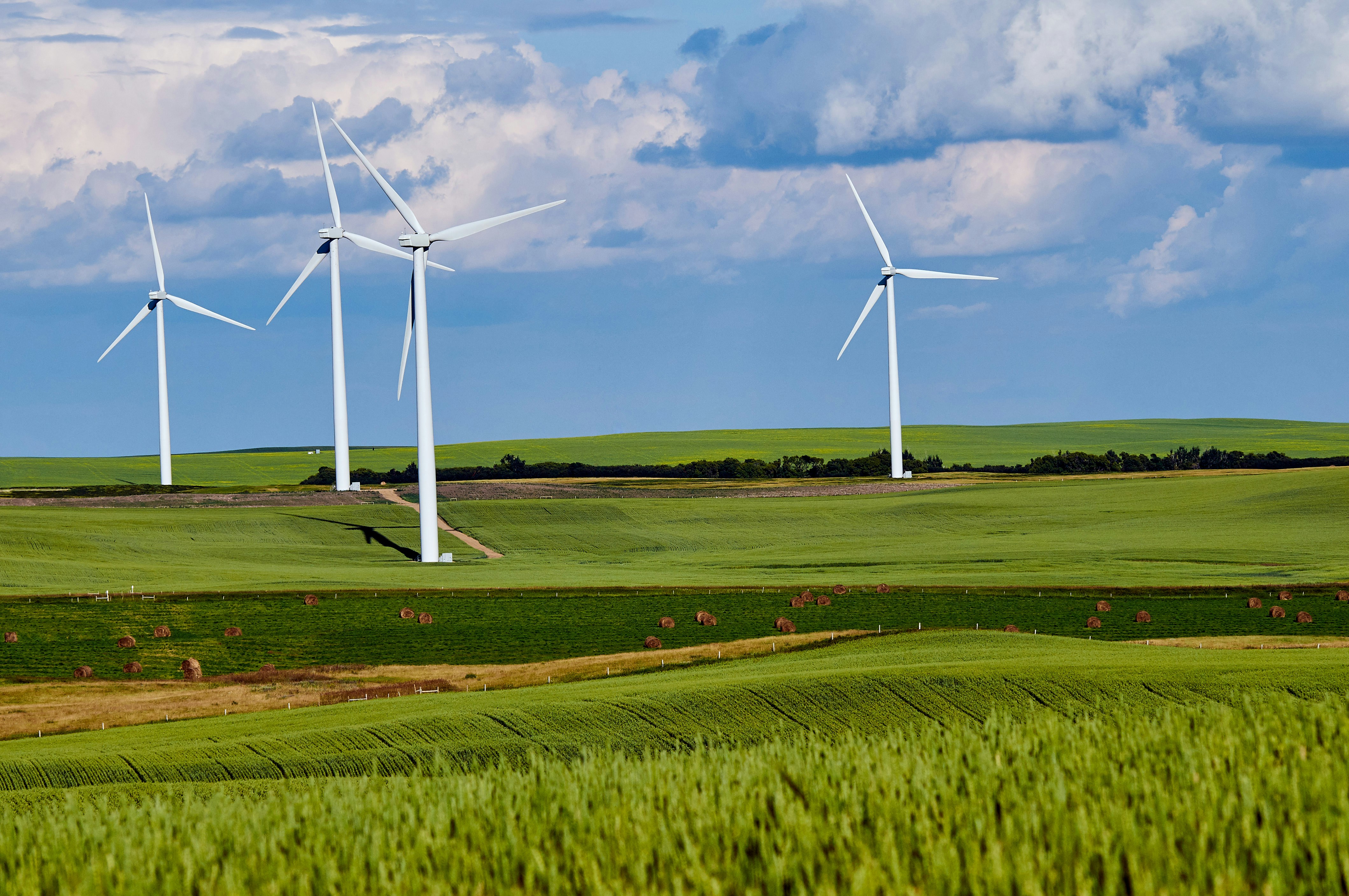 Wind turbines in green agricultural fields under blue sky with white clouds
