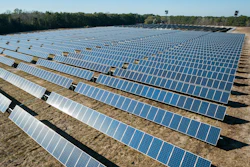 Aerial view of expansive solar panel farm with blue photovoltaic arrays arranged in rows across open field with forest backdrop