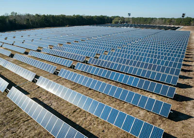 Aerial view of expansive solar panel farm with blue photovoltaic arrays arranged in rows across open field with forest backdrop
