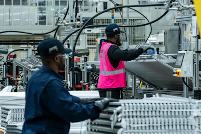 Two factory workers assembling components at an industrial workstation with machinery and equipment in background
