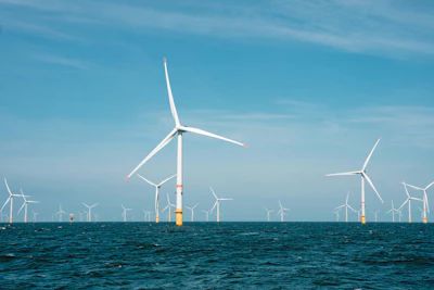 Offshore wind farm with multiple white turbines generating renewable energy in blue ocean waters under clear sky