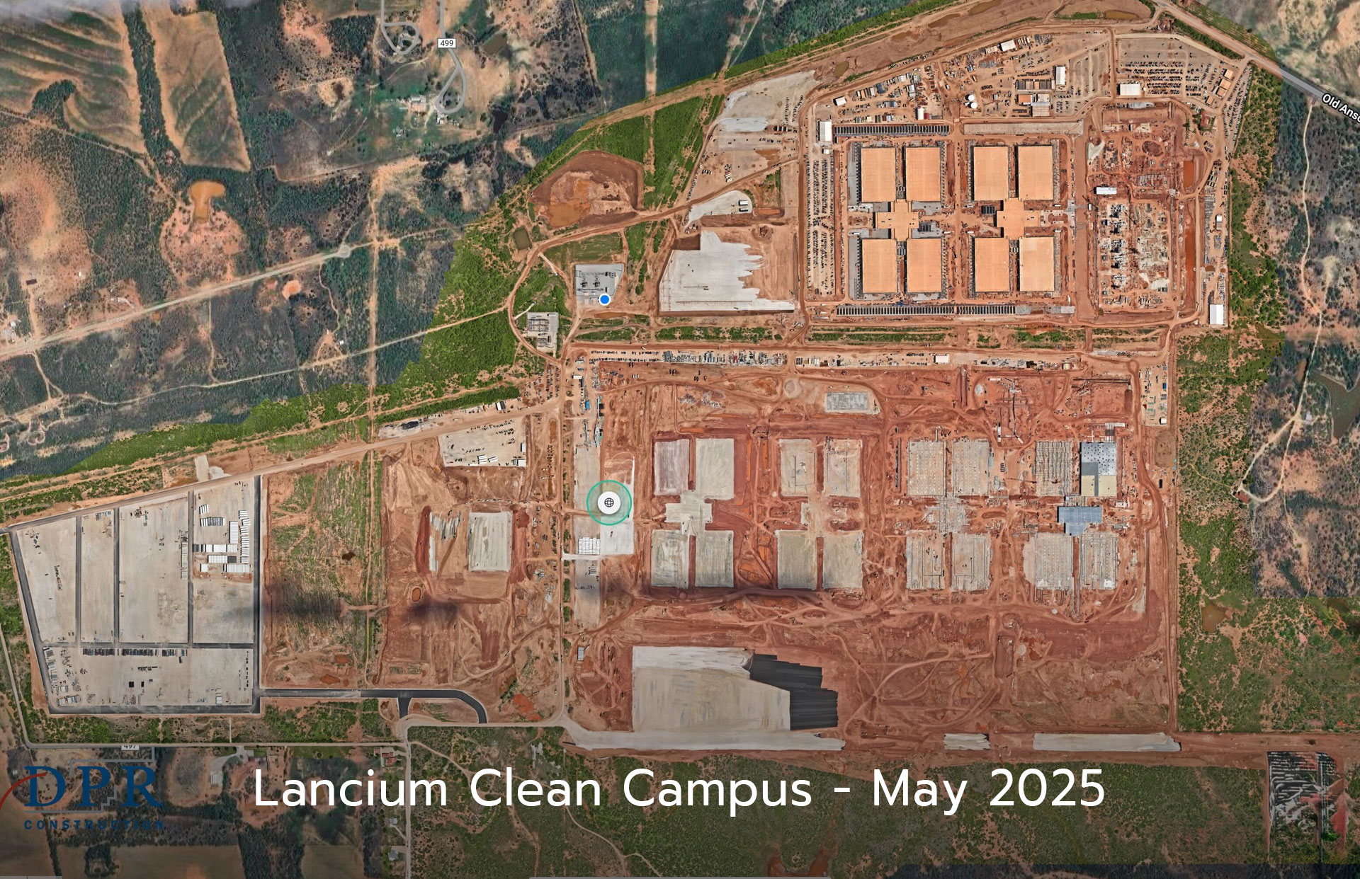 Aerial view of Lancium Clean Campus industrial facility with multiple buildings and parking areas, May 2025
