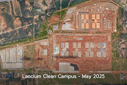 Aerial view of Lancium Clean Campus industrial facility with multiple buildings and parking areas, May 2025