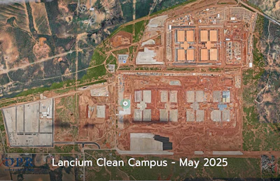 Aerial view of Lancium Clean Campus industrial facility with multiple buildings and parking areas, May 2025