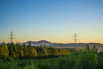 Power transmission towers spanning across forested valley at sunset with mountains in background